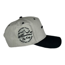 Load image into Gallery viewer, KING JESUS Christian snapback hat in colour black/grey made by GREATER THAN.