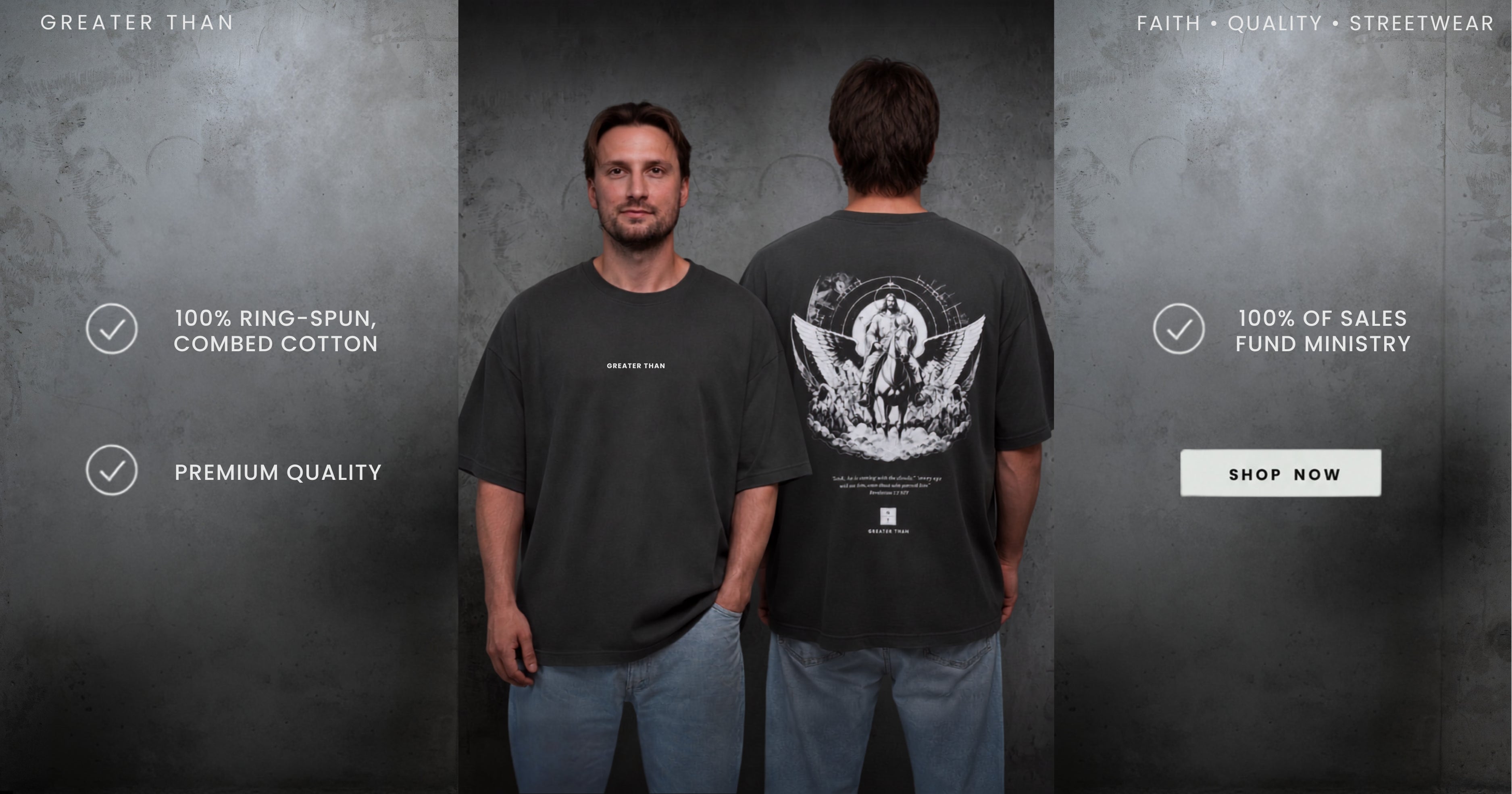 Christian t-shirt with a design of Jesus returning on the clouds, being worn by a man. 100% of all sales go to funding worship &. ministry nights.