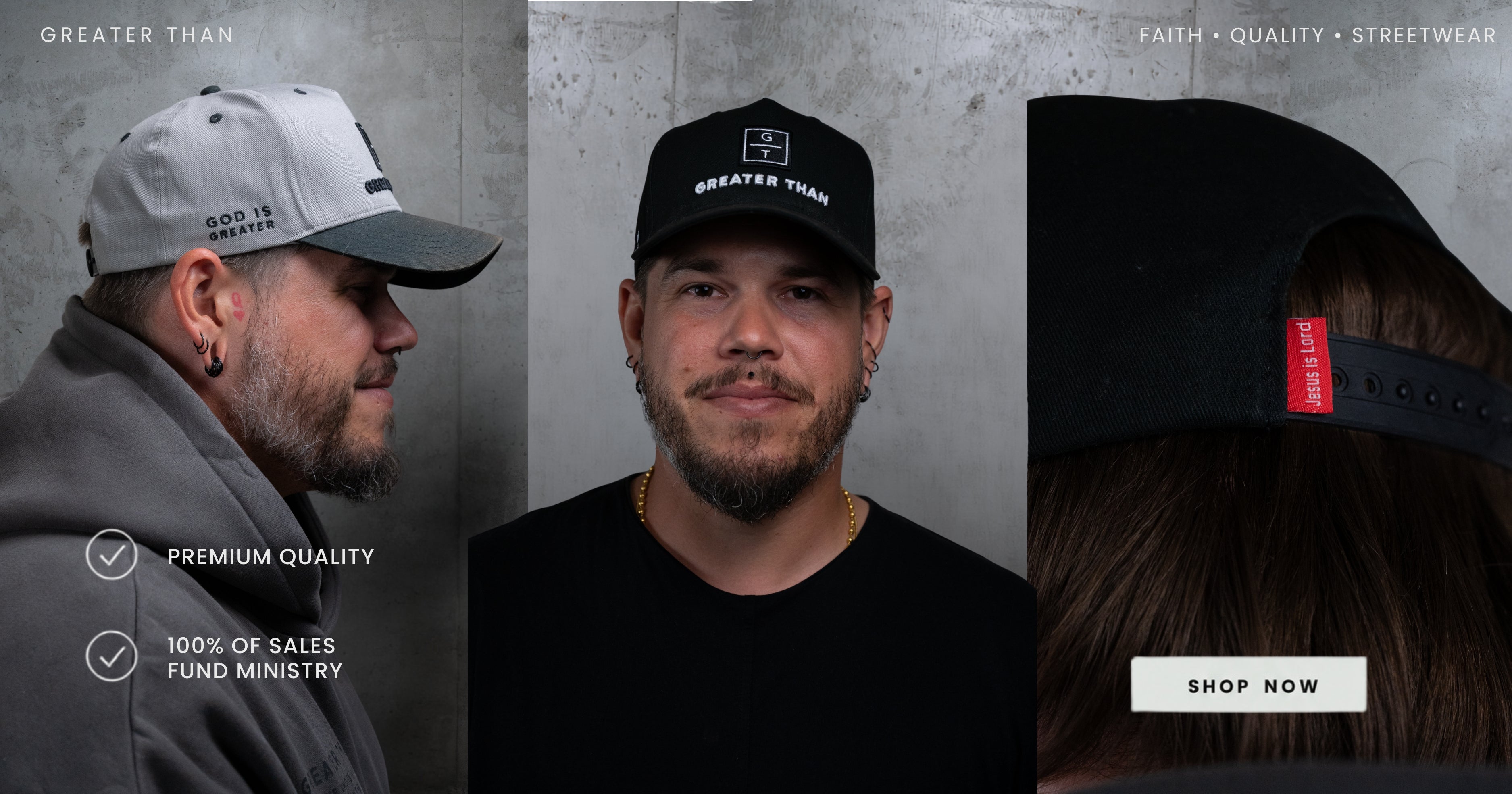 Hats with Christian designs being worn by a model. The designs feature a 3-D puff embroidery, a flat embroidery, and our signature red tag on the snapback saying "Jesus is Lord".