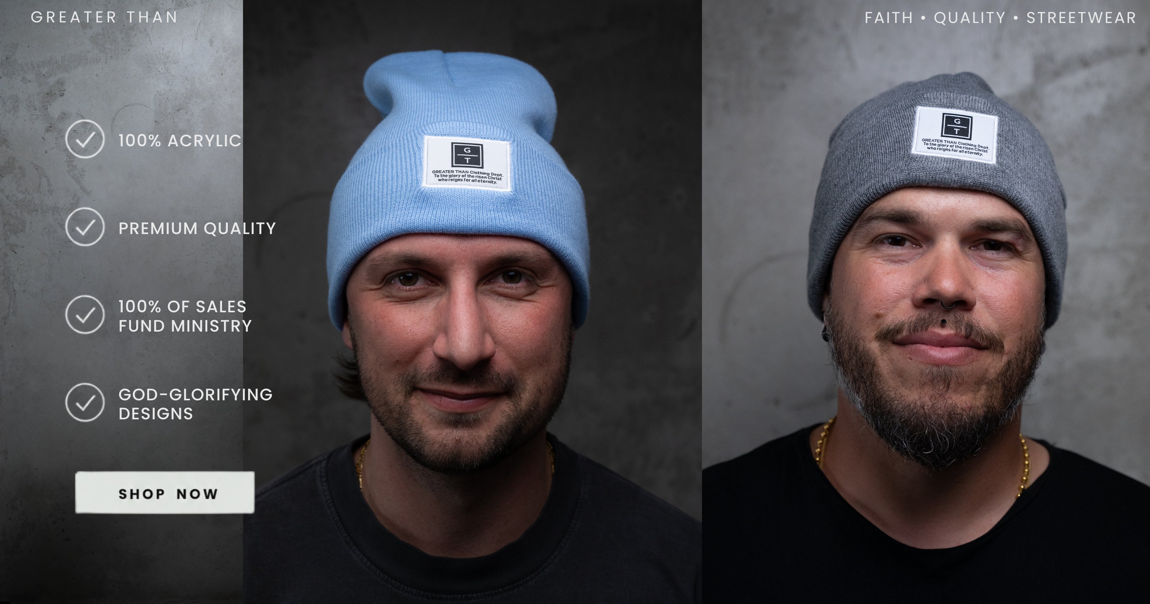 models wearing a Christian toque that is made of 100% acrylic material. It is high quality, with a woven label stitched into the toque, that features a Christian design on it.