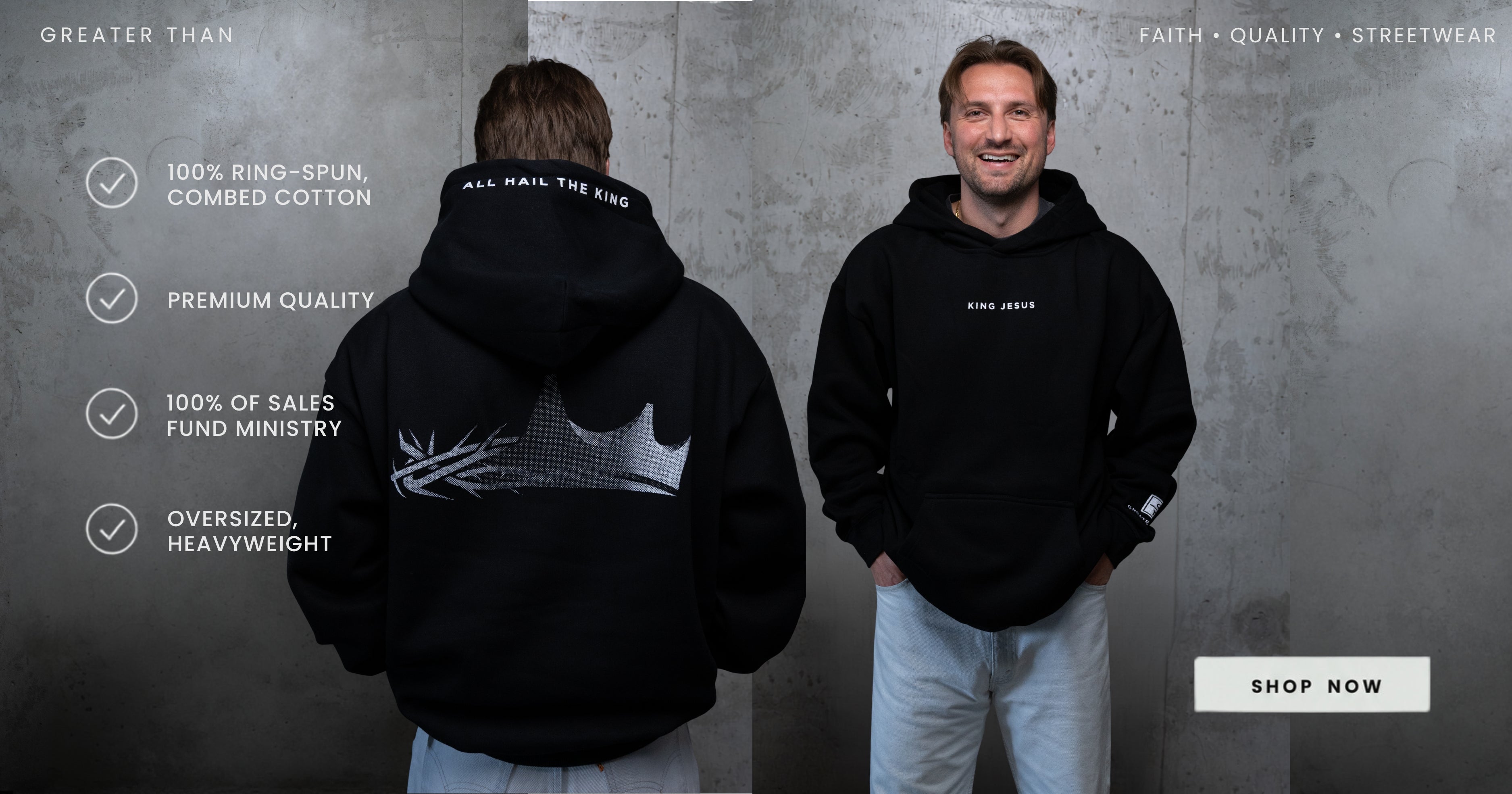 Model wearing a KING JESUS hoodie featuring a unique crown design that is half a crown of thorns and half a regular crown.