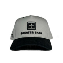 Load image into Gallery viewer, GREATER THAN Christian snapback hat in colour black/grey made by GREATER THAN.
