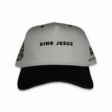 Load image into Gallery viewer, KING JESUS Christian snapback hat in colour black/grey made by GREATER THAN.
