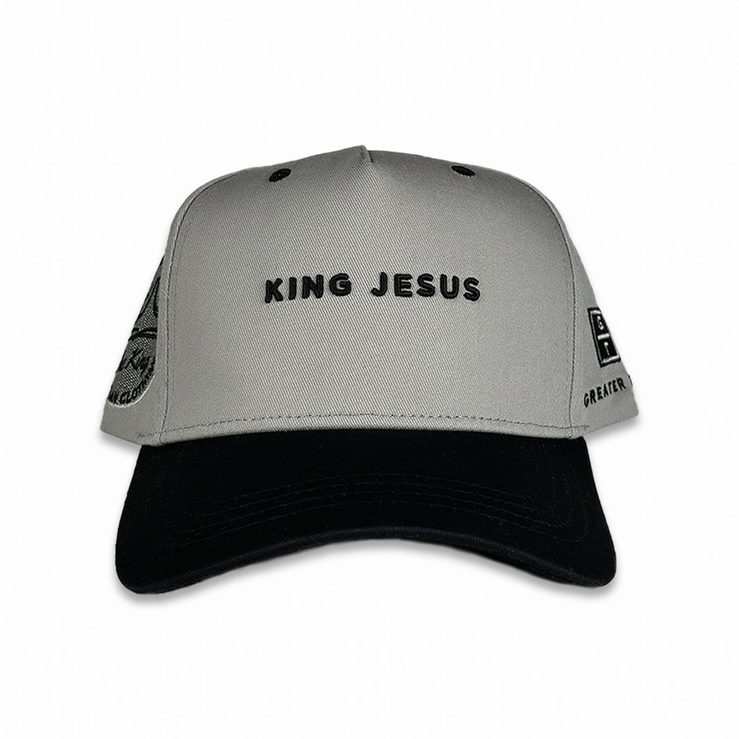KING JESUS Christian snapback hat in colour black/grey made by GREATER THAN.
