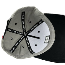 Load image into Gallery viewer, KING JESUS Christian snapback hat in colour black/grey made by GREATER THAN.
