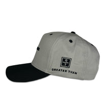 Load image into Gallery viewer, KING JESUS Christian snapback hat in colour black/grey made by GREATER THAN.
